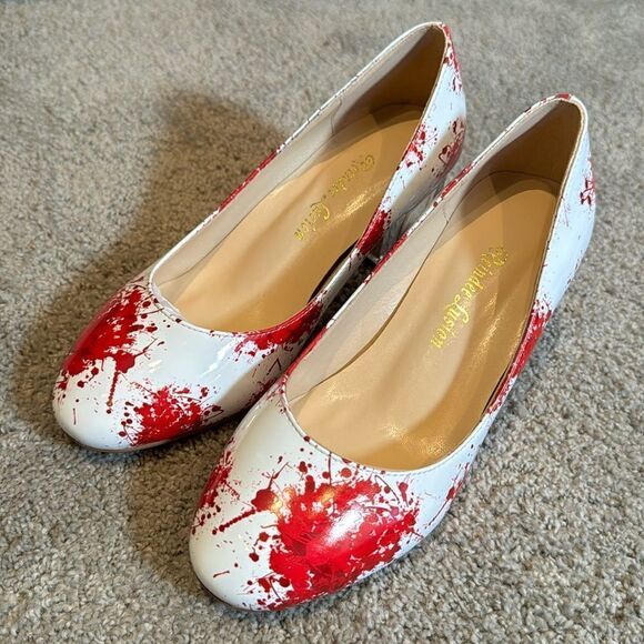 Reindee Lusion White Red Splatter Transparent Block Mid Heel RoundToe Size 5 NEW - Picture 2 of 14